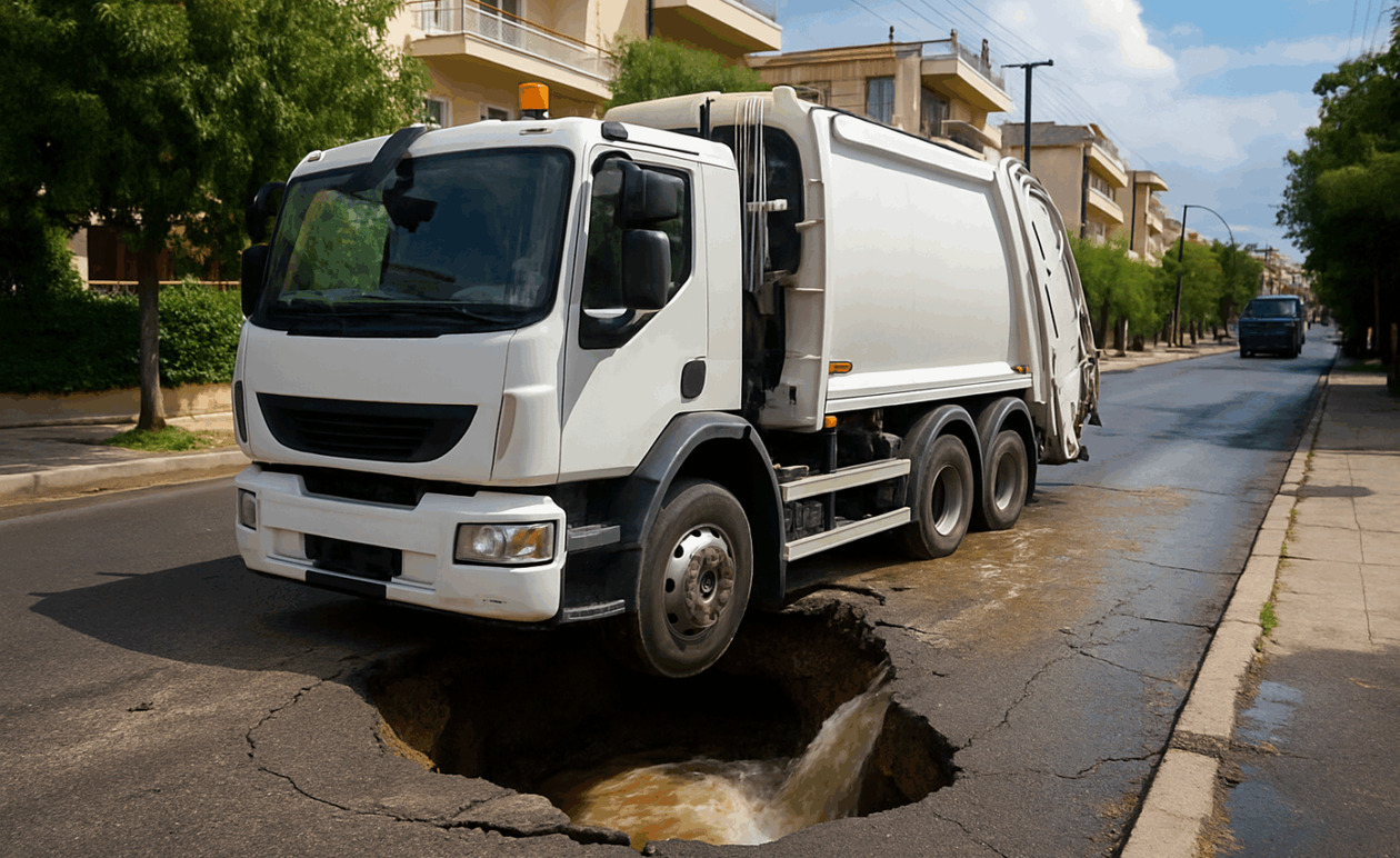 Καθίζηση οδοστρώματος στον Άγιο Δημήτριο: Απορριμματοφόρο εγκλωβίστηκε λόγω βλάβης της ΕΥΔΑΠ