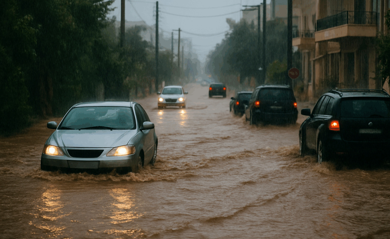 Κακοκαιρία στην Κρήτη — Δρόμοι στο Ηράκλειο και στα Χανιά πλημμύρισαν