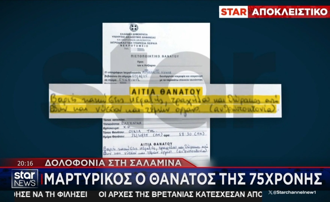 Υπόθεση δολοφονίας στη Σαλαμίνα: 72χρονη γυναίκα δολοφονήθηκε