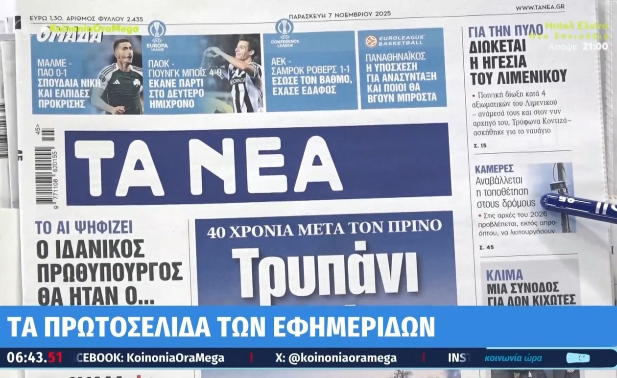Πρωτοσέλιδα εφημερίδων 07/11/2025
